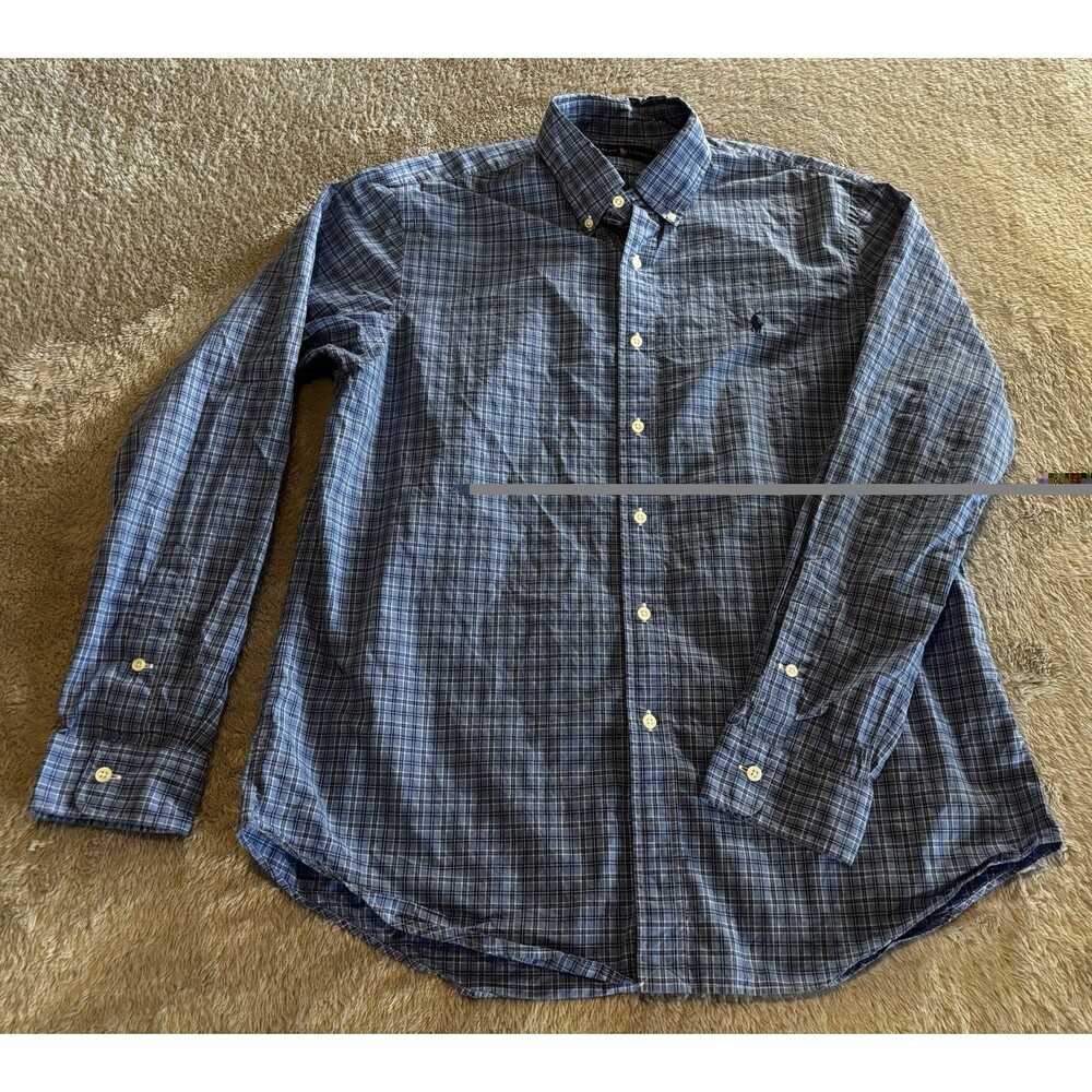 Ralph Lauren L/S Oxford Button Front Shirt Men's Plaid Large Blue Pony